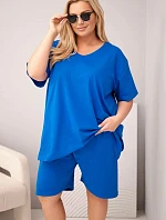 Dámský bavlněný komplet Plus Size s halenkou a kraťasy chrpově modrý