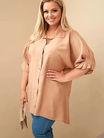 Dámská Plus Size bavlněná košile s knoflíky a límcem velbloudí