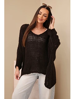 Dámský svetr dírkovaný oversize s výstřihem do V a delším zadním hnědý