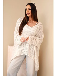 Dámský svetr oversized se vzorem a výstřihem do V a delším zadním dílem béžový