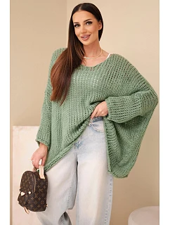 Dámský oversized průsvitný svetr s výstřihem do V a delším zadním dílem khaki
