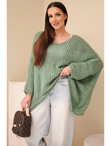 Dámský oversized průsvitný svetr s výstřihem do V a delším zadním dílem khaki