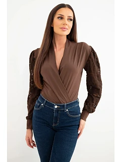Dámské body halenka zavinovací s krajkovými rukávy hnědá