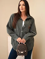 Dámská košile oversize z manšestru z kapsami a dlouhým rukávem z bavlny khaki