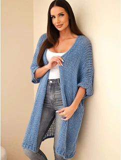 Dámský svetr oversize s volným pletením bez zapínání džínsový modrý