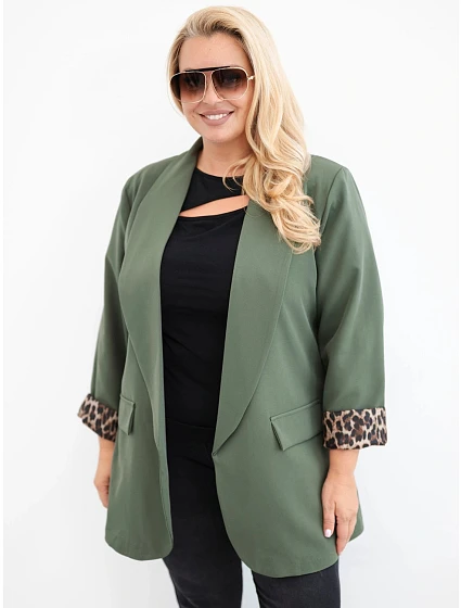 Dámské sako Plus Size s podšívkou v leopardí vzor khaki
