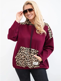 Dámská mikina Plus Size z viskózy s kapucí a leopardími vložkami švestková