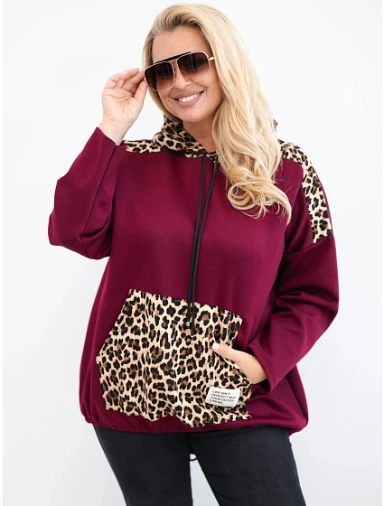 Dámská mikina Plus Size z viskózy s kapucí a leopardími vložkami švestková Dámská mikina Plus Size z viskózy s kapucí a leopardími vložkami švestková