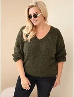 Dámský svetr Plus Size s výstřihem do V a širokým rukávem khaki Dámský svetr Plus Size s výstřihem do V a širokým rukávem khaki