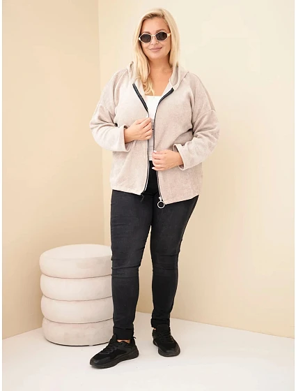 Dámská mikina Plus Size manšestrová s kapucí a zipem oversize béžová Dámská mikina Plus Size manšestrová s kapucí a zipem oversize béžová