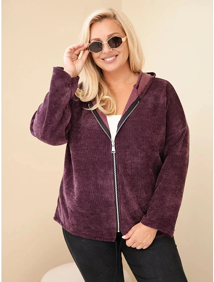 Dámská mikina Plus Size manšestrová s kapucí a zipem oversized tmavě fialová Dámská mikina Plus Size manšestrová s kapucí a zipem oversized tmavě fialová