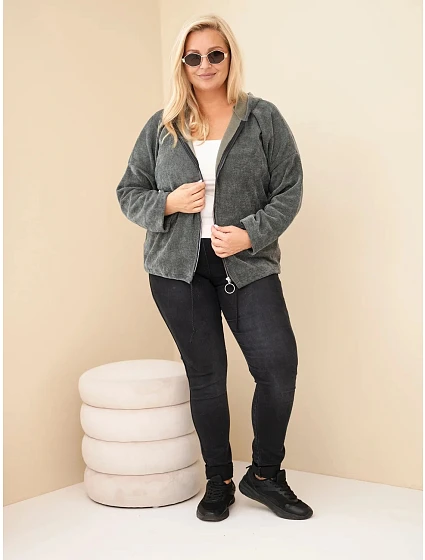 Dámská oversized plus size manšestrová mikina s kapucí a zipem khaki Dámská oversized plus size manšestrová mikina s kapucí a zipem khaki