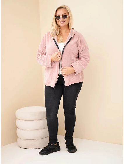 Dámská mikina Plus Size manšestrová s kapucí a zipem oversize tmavě pudrová růžová