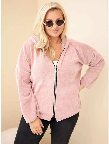 Dámská mikina Plus Size manšestrová s kapucí a zipem oversize tmavě pudrová růžová