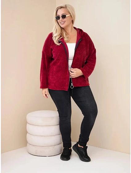 Dámská mikina Plus Size manšestrová s kapucí a zipem oversize bordó červená Dámská mikina Plus Size manšestrová s kapucí a zipem oversize bordó červená