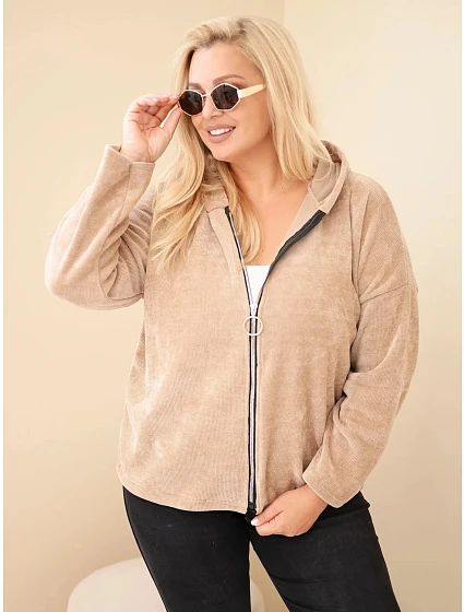 Dámská mikina Plus Size manšestrová s kapucí a zipem oversize camelová Dámská mikina Plus Size manšestrová s kapucí a zipem oversize camelová