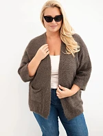 Dámský svetr Plus Size s kapsami bez zapínání mocca barva