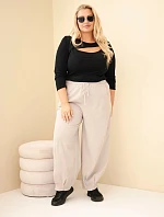 Dámské kalhoty bavlněné Plus Size manšestrové s gumou v pase a kapsami béžové