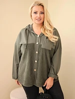 Dámská bavlněná mikina Plus Size s kapucí a knoflíky khaki
