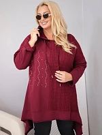 Dámská bavlněná mikina Plus Size s kapucí a pleteným pruhem bordó barva