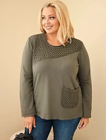 Dámská bavlněná mikina Plus Size s krajkovým dílem a kapsou khaki