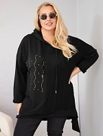 Dámská bavlněná mikina Plus Size s kapucí a pleteným pruhem černá