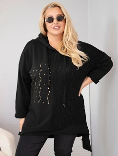 Dámská bavlněná mikina Plus Size s kapucí a pleteným pruhem černá