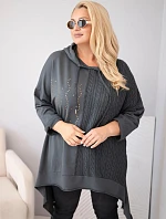 Dámská bavlněná mikina Plus Size s kapucí a pleteným prvkem grafitová