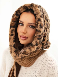 Dámská čepice s kapucí s kožešinou v leopardí vzor s vázačkou camelová