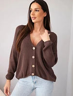 Dámský bavlněný oversized svetr na knoflíky s výstřihem do V hnědý