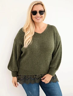 Dámský svetr Plus Size s krajkovým spodkem khaki
