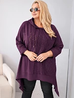 Dámská bavlněná mikina Plus Size s kapucí a pletenou vsadkou švestková