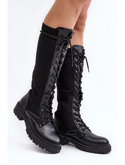 Dámské kozačky se šněrováním a elastickým svrškem černé model 21642236 - Boto