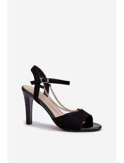 Dámské sandály na podpatku z eko semiše s řetízkem model 21657330 černé - SERGIO LEONE