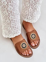 Kožené pantofle s ozdobou na plochém podpatku Zazoo 3047/O Camel