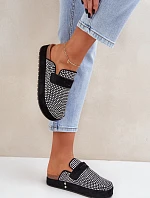 Dámské pantofle zdobené zirkony na platformě černé Deorani