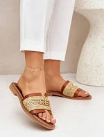 Kožené Pantofle S Dekorativním Detailem A Pletením Hnědé Zazoo 40426