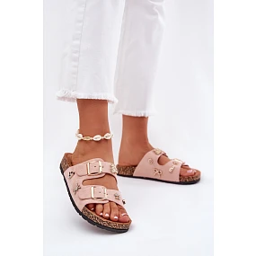 Dámské pantofle na korkové podrážce s sponami a ozdobami světle růžové Efadelis
