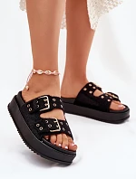 Dámské Pantofle Se Zlatými Přezkami Na Platformě Černé Virvania