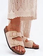 Háčkované dámské pantofle se zlatými přezkami béžové Fenira