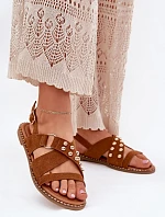 Dámské Sandály Na Plochém Podpatku Se Zlatými Hřeby Karamel Zanira