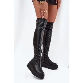 Dámské Kozačky Nad Kolena Na Platformě A S Jemným Klínem Černé Lydira