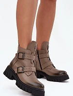 Kožené zateplené dámské kotníkové boty se sponami a ozdobným detailem Zazoo 60482 tmavě béžové