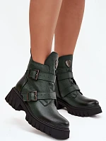 Kožené zateplené dámské boty s přezkami a ozdobným detailem Zazoo 60482 tmavě zelené