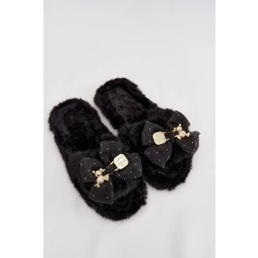 Kožešinové dámské pantofle s mašlí a zlatým zdobením Černé model 21711078 - Boto