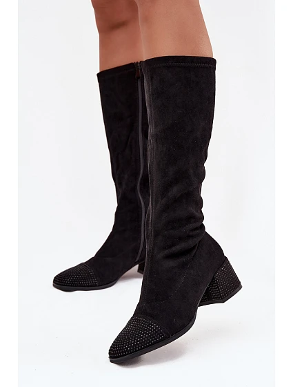 Dámské kozačky s ozdobou na ekokůže Černé model 21715301 - Boto