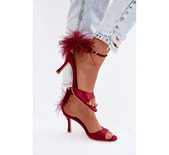 Sandály Na Podpatku S Péřím Bordové Caelina Sandály Na Podpatku S Péřím Bordové Caelina