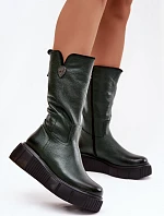 Zazoo 70121 Kožené dámské kozačky s vlnou olivové