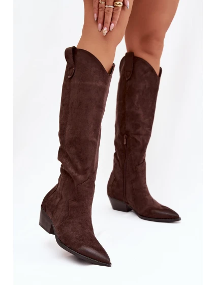 Eko Semišové Kozačky Dámské Na Podpatku Čokoládové model 21821821 - Boto Eko Semišové Kozačky Dámské Na Podpatku Čokoládové model 21821821 - Boto