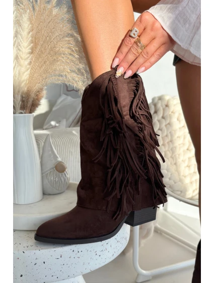 Dámské kožené boty s třásněmi na podpatku čokoládové Gralina Dámské kožené boty s třásněmi na podpatku čokoládové Gralina